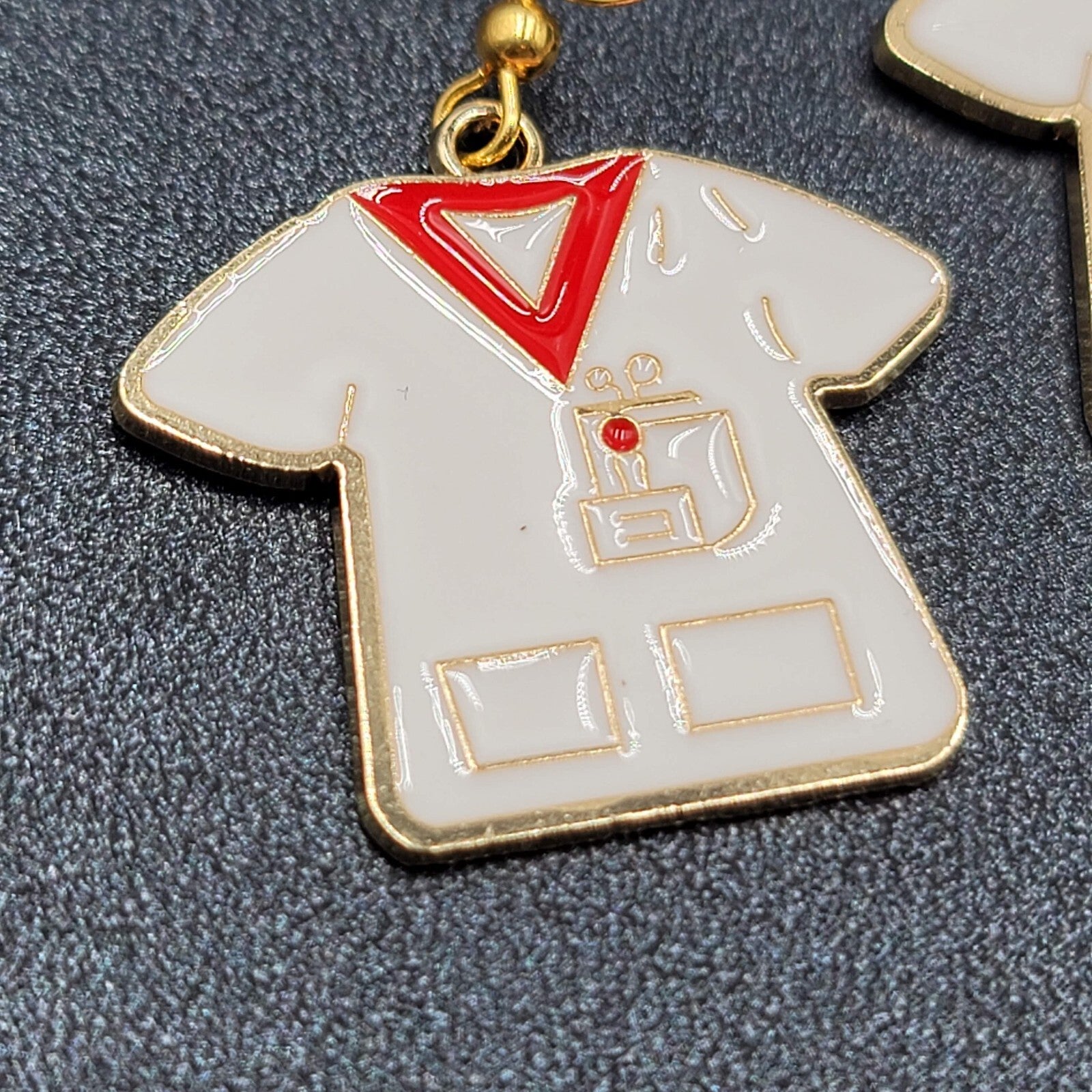 Nurse Scrub Top Pierced Earrings Red White Enamel Gold tone Dangle 1"