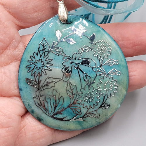 Blue Shell Pendant Necklace Ribbon Silver Embossed Butterfly Flowers 18"
