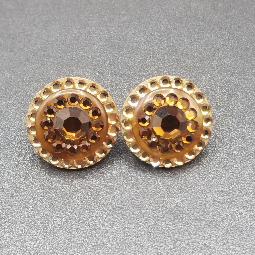 Pierced Earrings Brown Faceted Crystal Button Style Statement Stud 1"