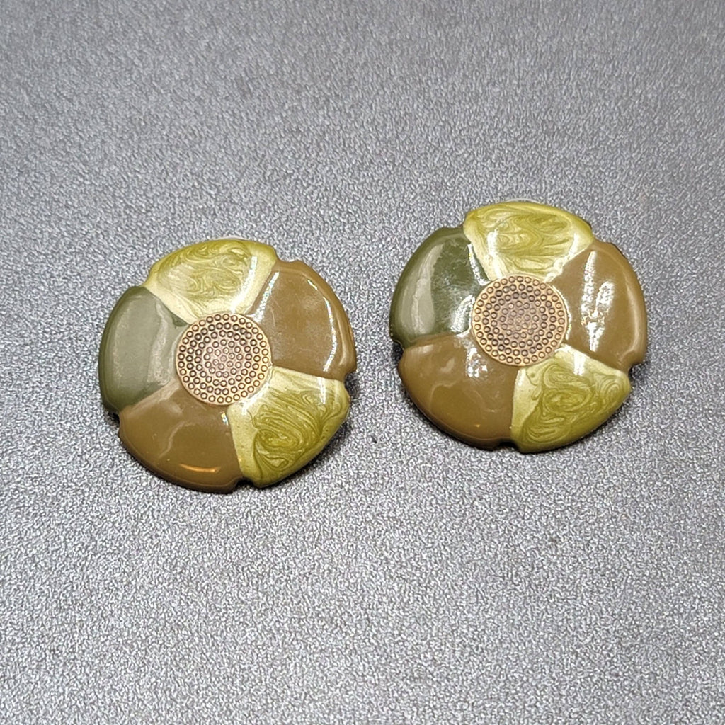 Flower Pierced Earrings Green Enamel Bronze tone Drop 1.25"