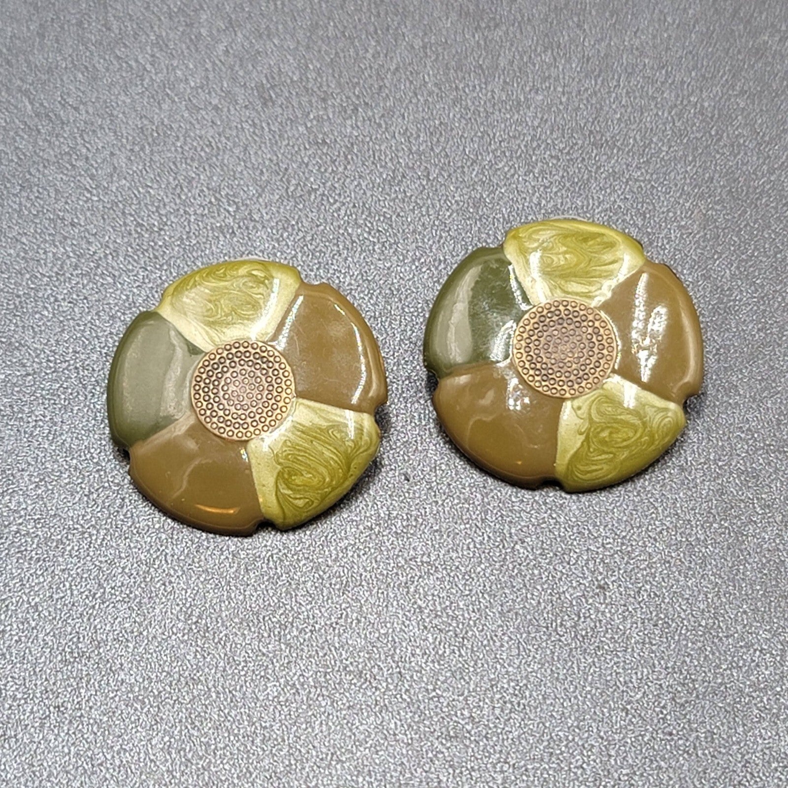 Flower Pierced Earrings Green Enamel Bronze tone Drop 1.25"