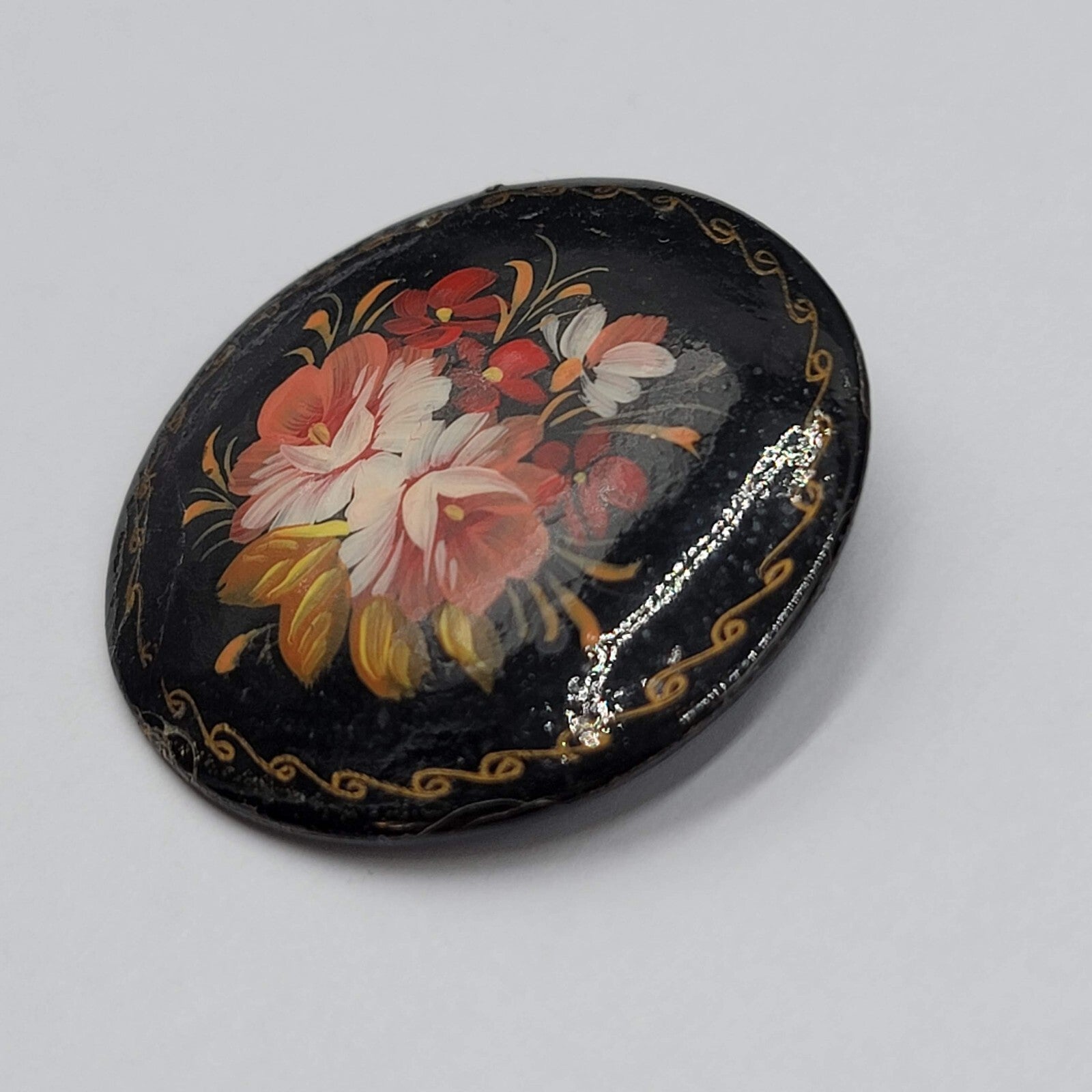 Vintage Russian Black Enamel Hand Painted Flower Brooch Pin 1 7/8"