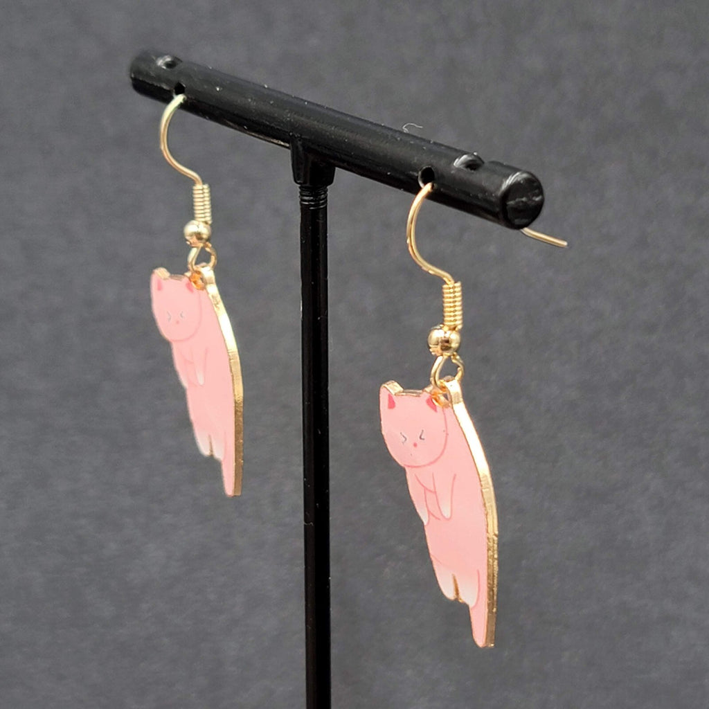 Cat Pierced Earrings Kitty Kitten Gold tone Pink Enamel Dangle 1"