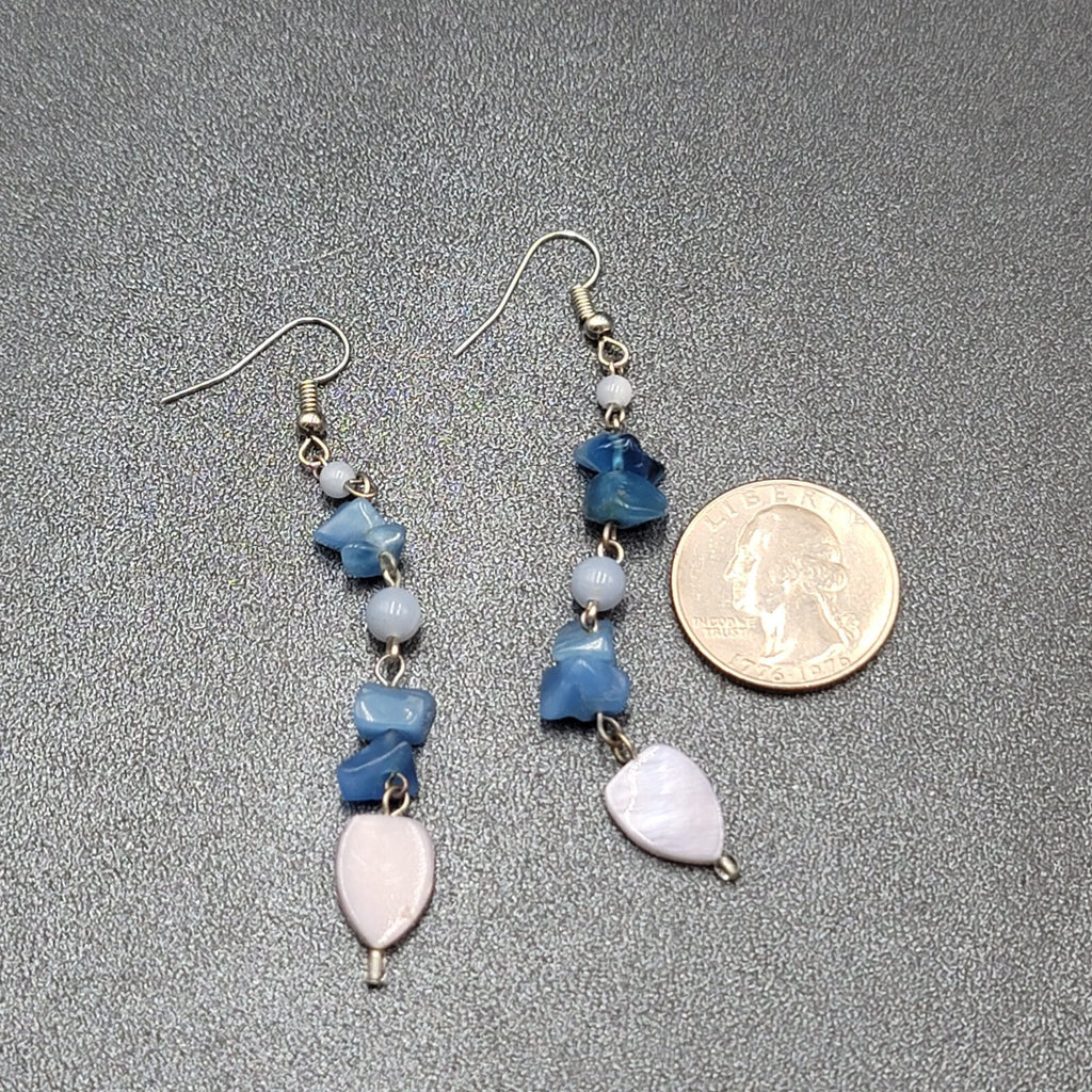 Pierced Earrings Blue Stone Chip Bead Dangle Silver tone 2.75"