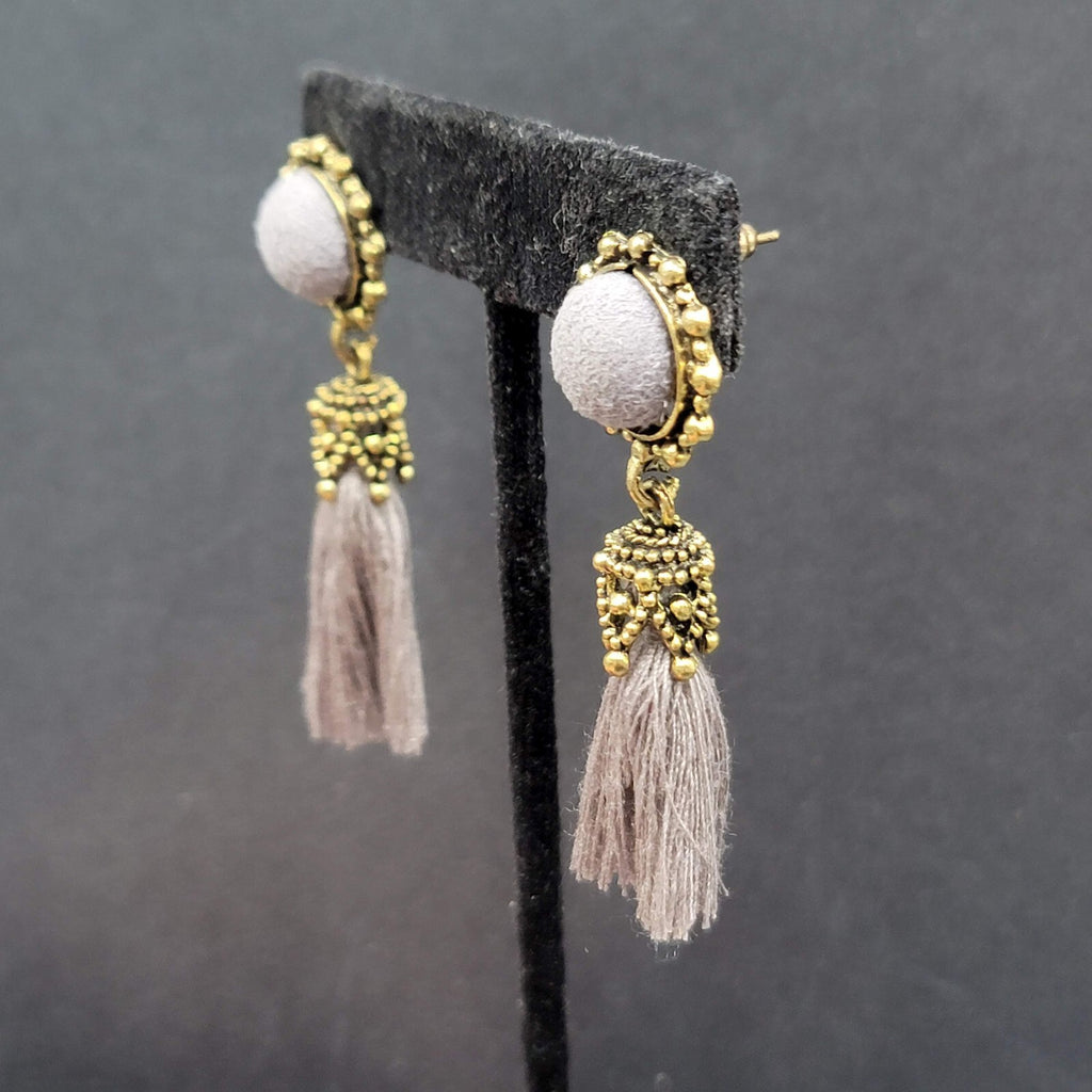 Boho Pierced Earrings Antiqued Gold tone Gray String Tassel 2"