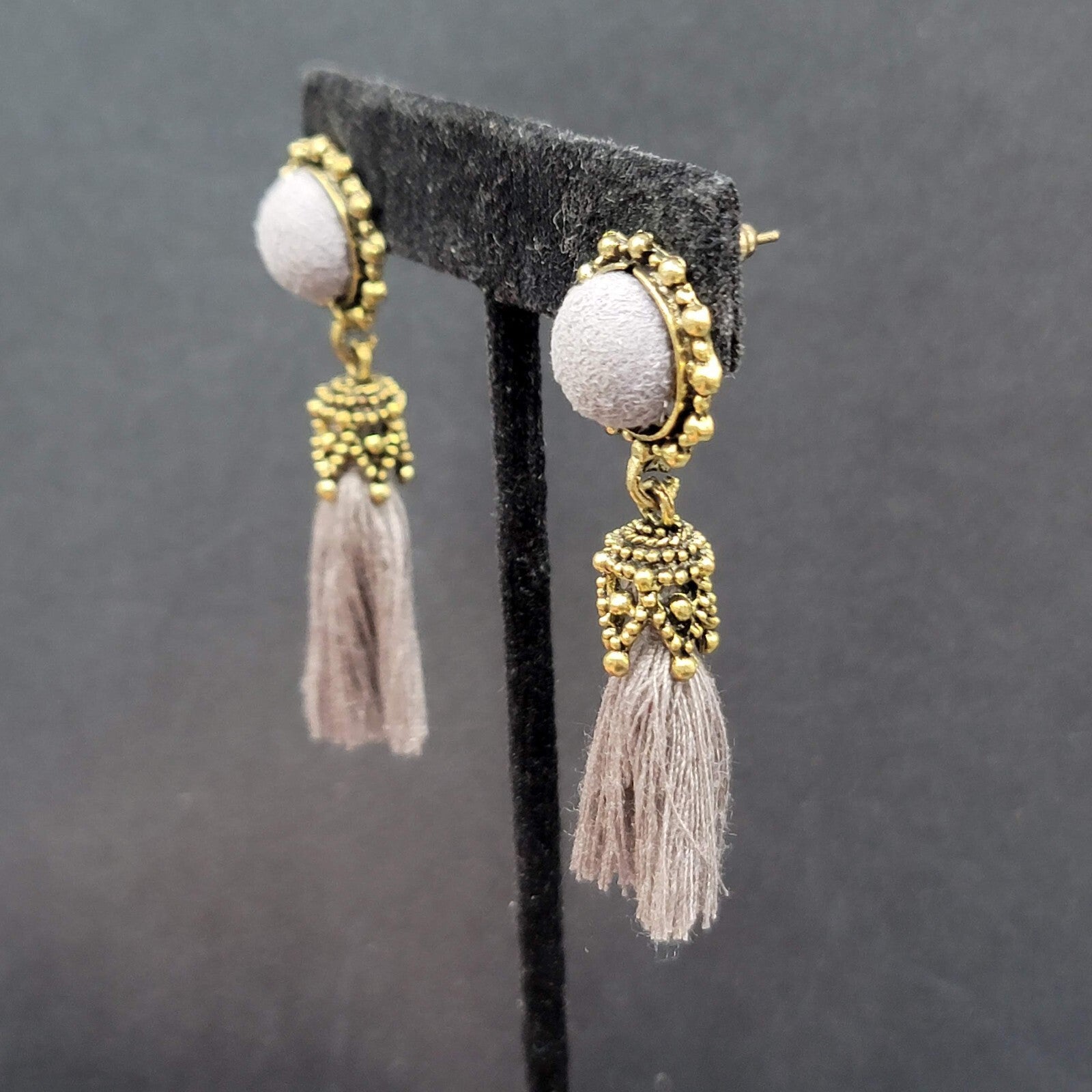 Boho Pierced Earrings Antiqued Gold tone Gray String Tassel 2"