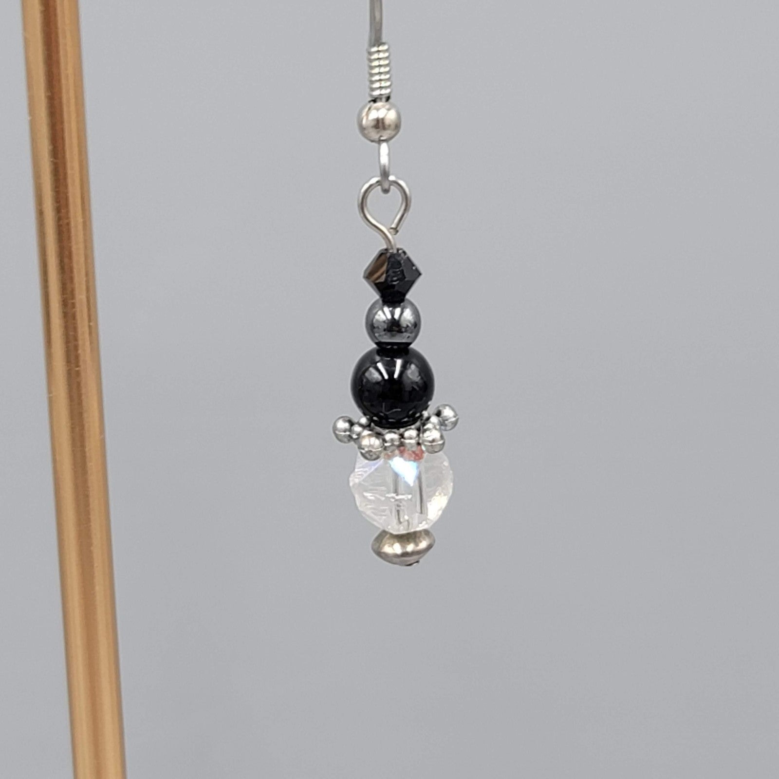 Black Glass AB Crystal Bead Pierced Earrings Silver tone Dangle   1 1/8"