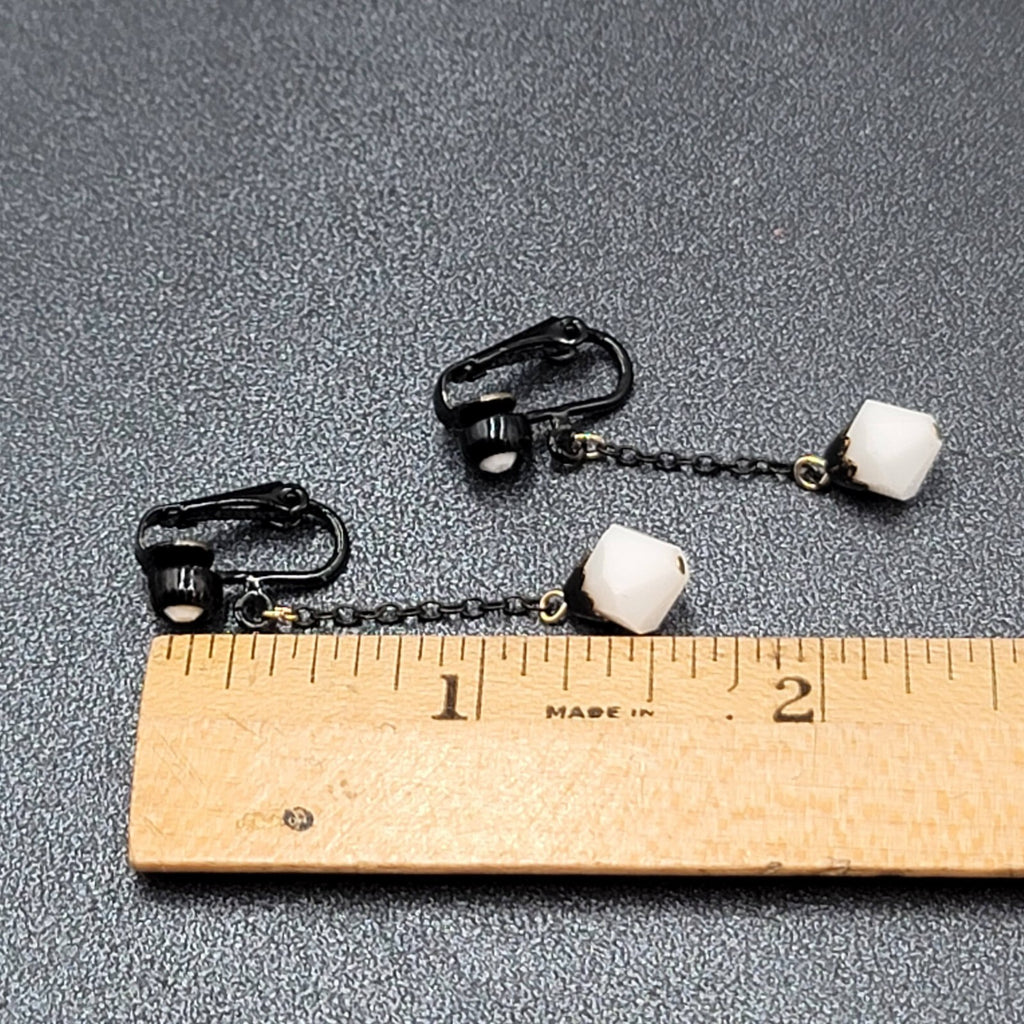 Vintage Clip on Earrings Black Enamel Metal Dangle Chain White Bead 1 5/8"