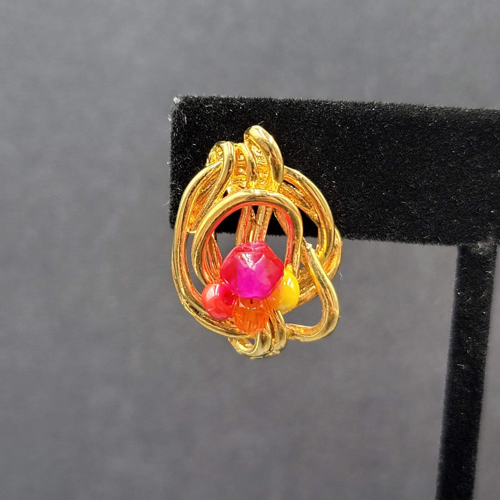 Pierced Earrings Gold Plated Pink Yellow Beaded Artistic Drop 1"