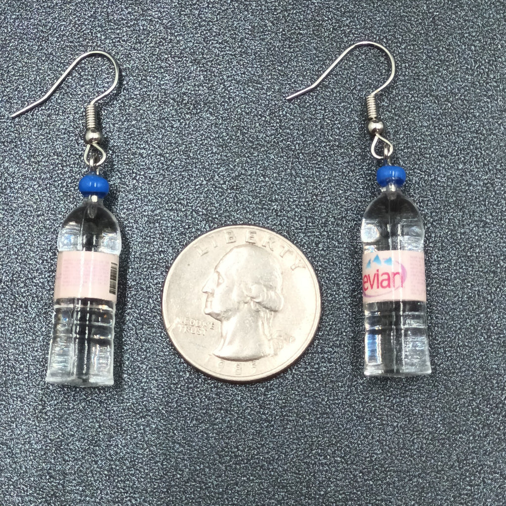 Evian Water Bottle Pierced Earrings  Silver tone Acrylic Miniature Dangle 1 1/4"