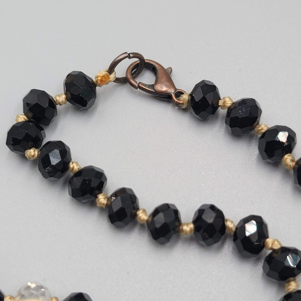 Hand Knotted Facet Cut Black Crystal Bead Necklace 30 in
