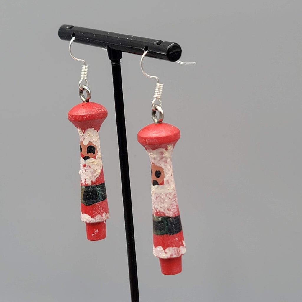 Vintage Christmas Santa Pierced Earrings Hand Painted Wood Dangle 2"