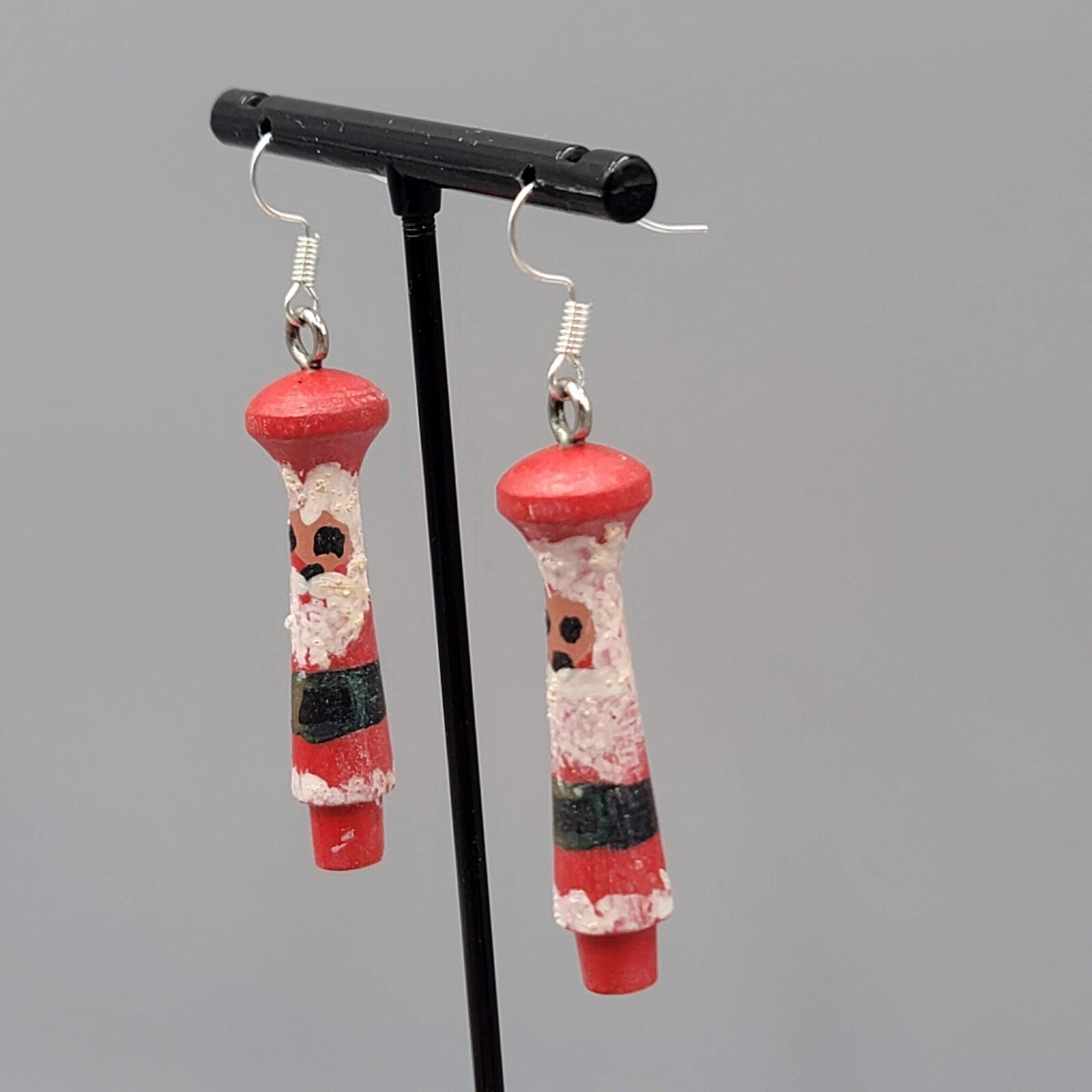 Vintage Christmas Santa Pierced Earrings Hand Painted Wood Dangle 2"
