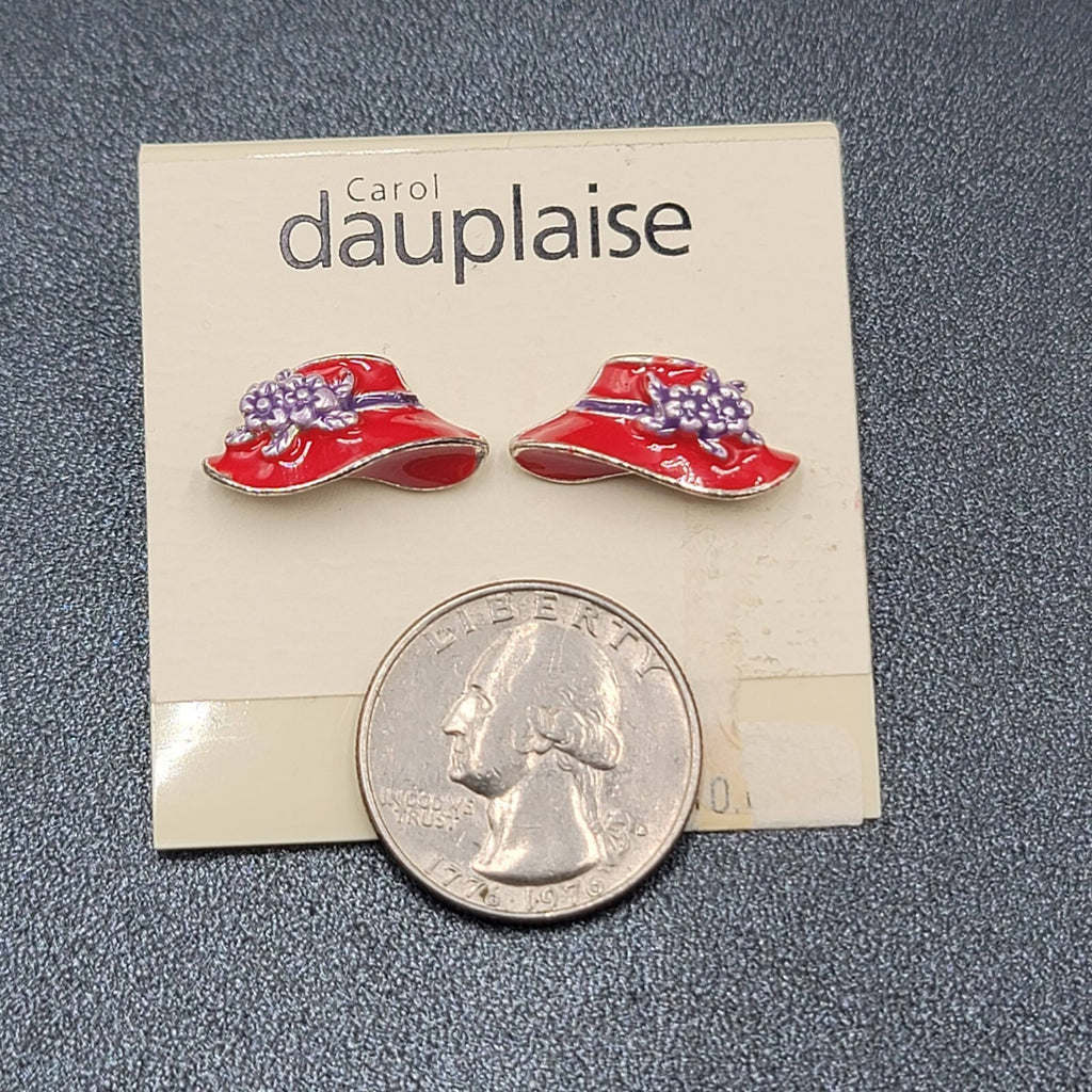 Carol Dauplaise Pierced Earrings Red Hat Society Enamel Studs 3/4"