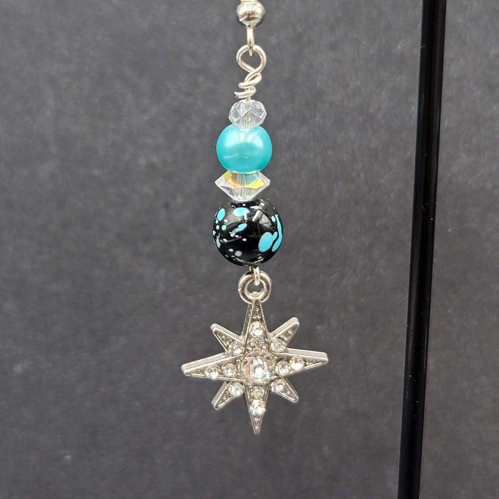 Pierced Earrings Silver tone Blue Bead Rhinestone Star Dangle 1.75"