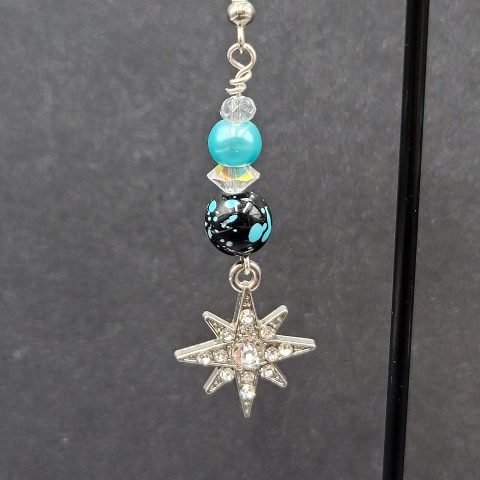 Pierced Earrings Silver tone Blue Bead Rhinestone Star Dangle 1.75"