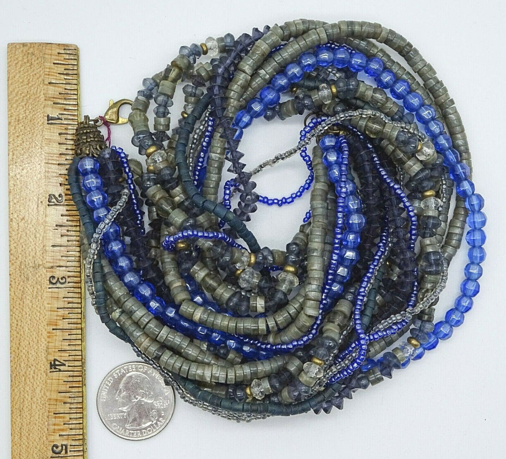Vintage Necklace Blue Gray Bead Shell 12 Strand Estate Costume Jewelry 18"