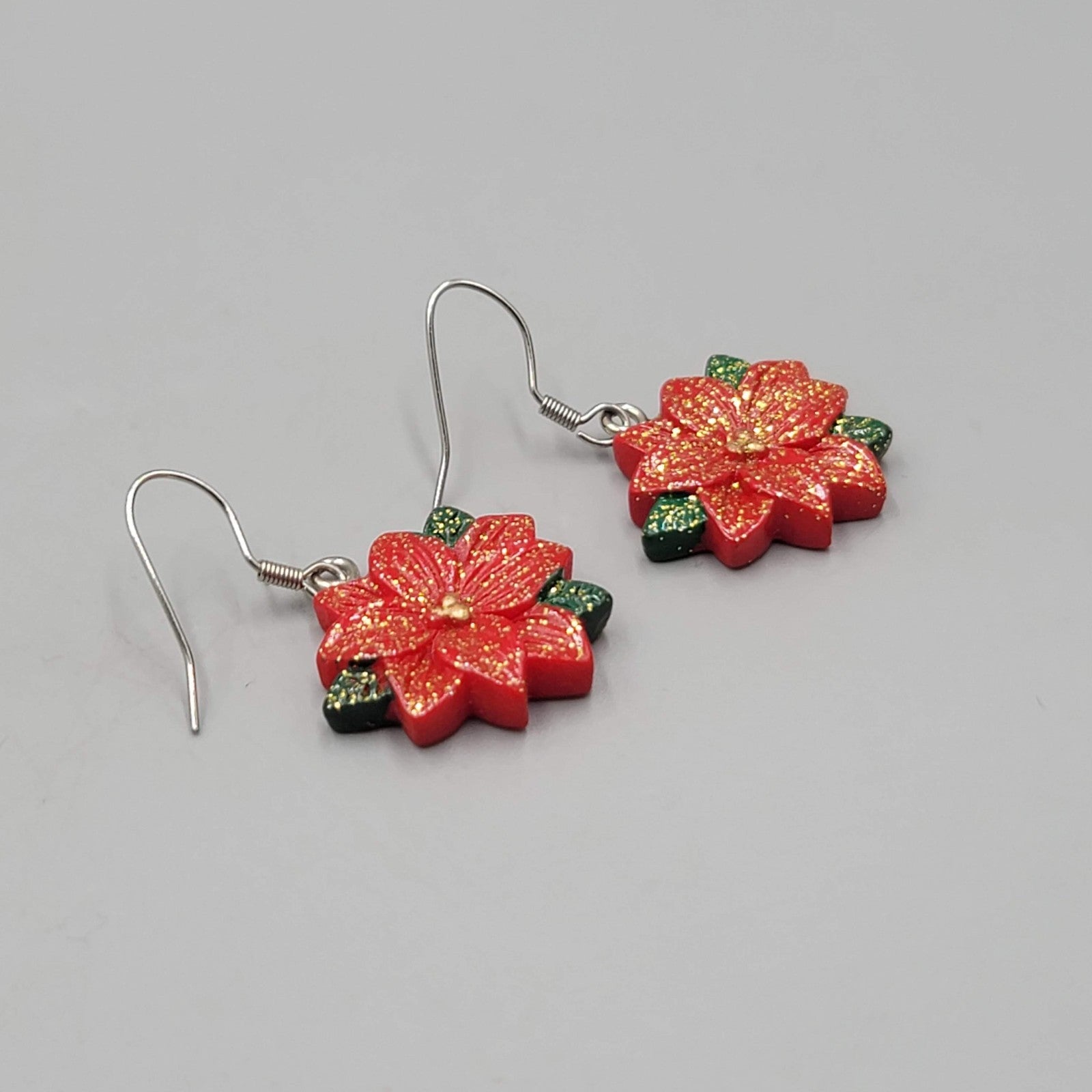 Glitter Poinsettia Flower Pierced Earrings Silver tone Dangle  7/8"