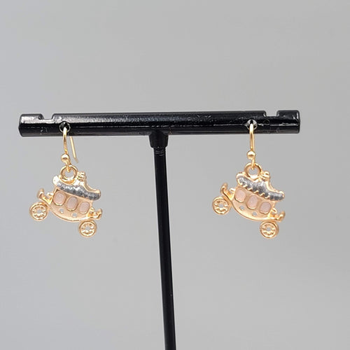 Carriage Enamel Pierced Earrings Gold tone Dangle 5/8"