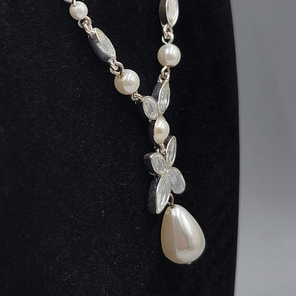 Napier Y Drop Necklace White Bead Silver tone 18"