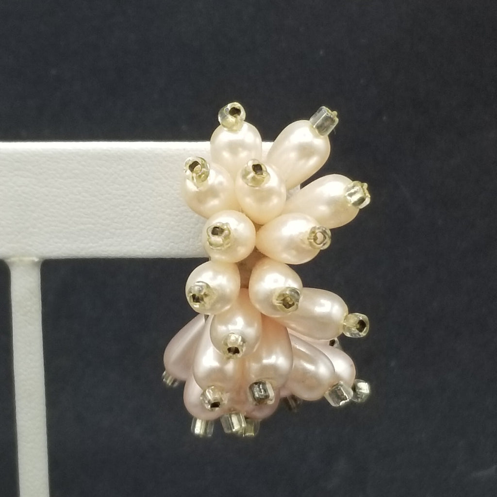 Vintage Clip on Earrings Pink Bead Large Statement Half Hoop Drop 1 1/2"