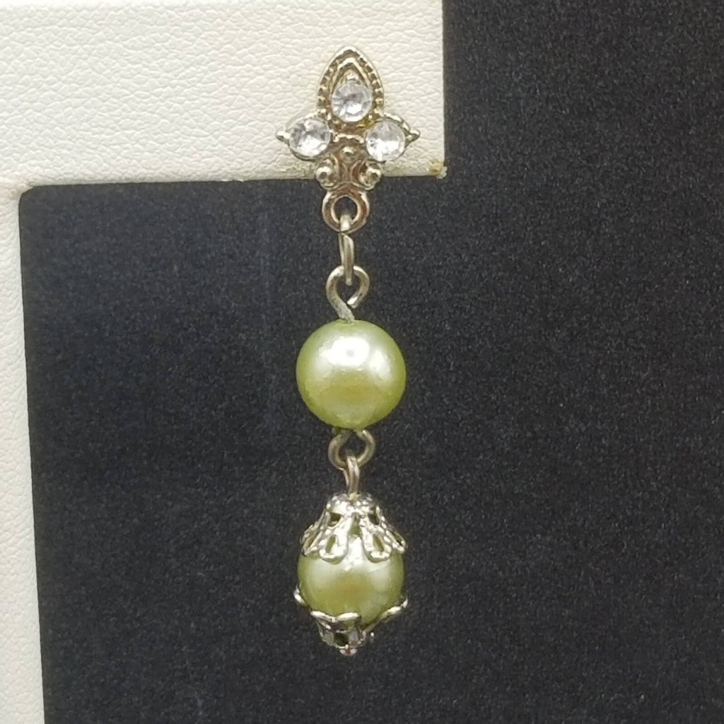 AVON Pierced Earrings Silver tone Capped Green Bead Dangle 1.75"