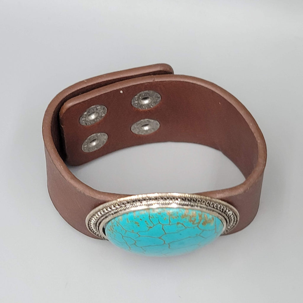 Wide Leather Statement Cuff Bracelet Blue Howlite Stone 6" or 7"