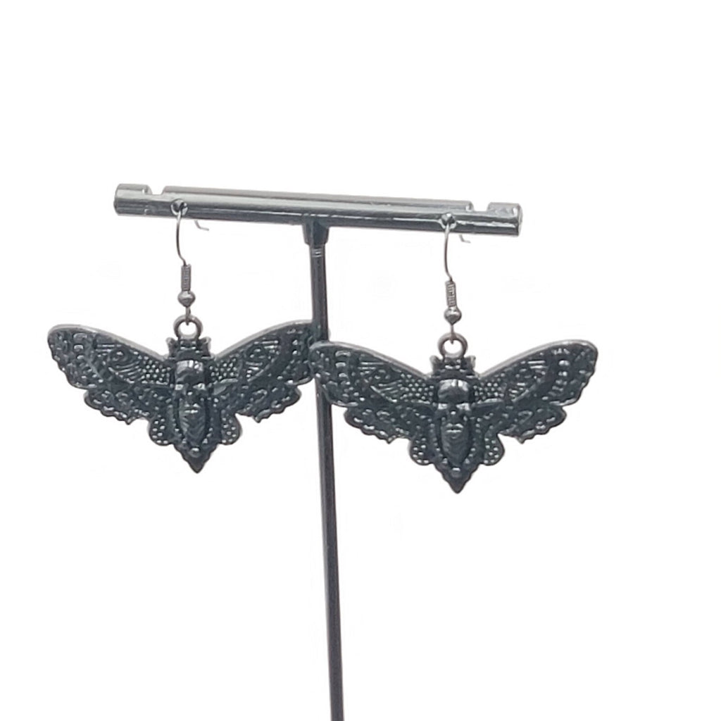 Death Head Moth Pierced Earrings Black Enamel Dangle 1" x 1 5/8" 