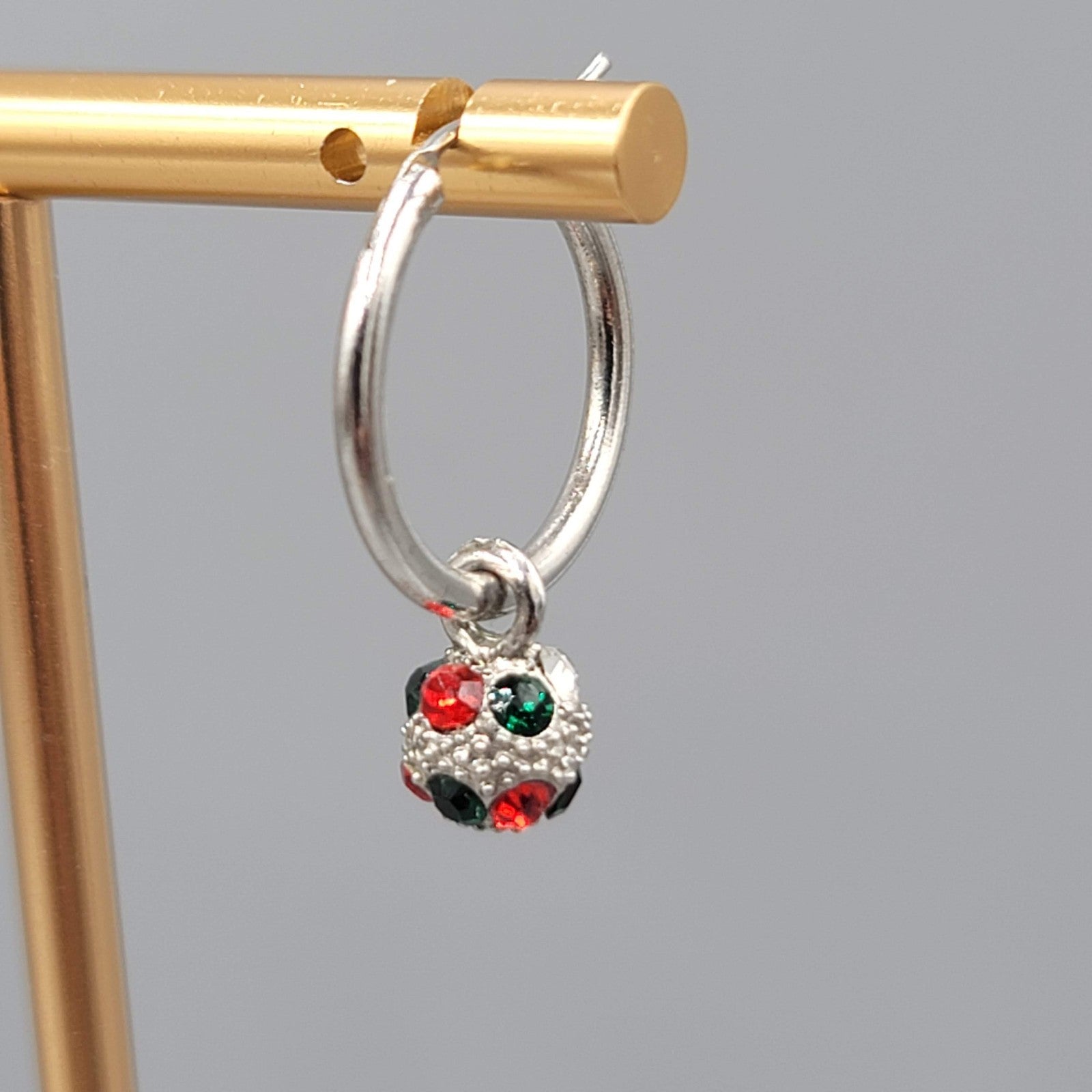 Christmas Red Green Crystal Pierced Earrings Silver tone Dangle Hoops 1 in