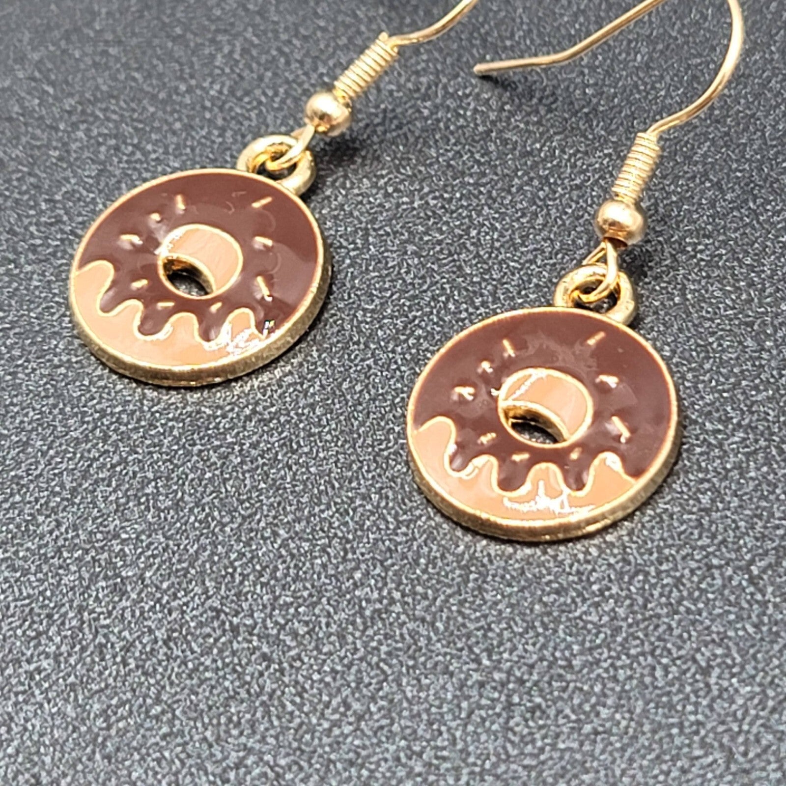 Chocolate Donut Pierced Earrings Gold tone Dangle New 3/4"