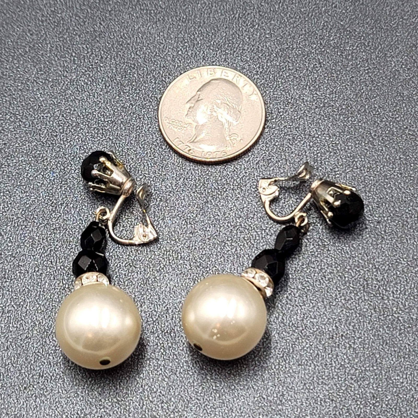 Vintage Clip on Earrings Black White Dangle Beads 1.5"