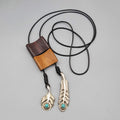 Bolo Style Wood Pendant Necklace Silver tone Feather Charms 30"