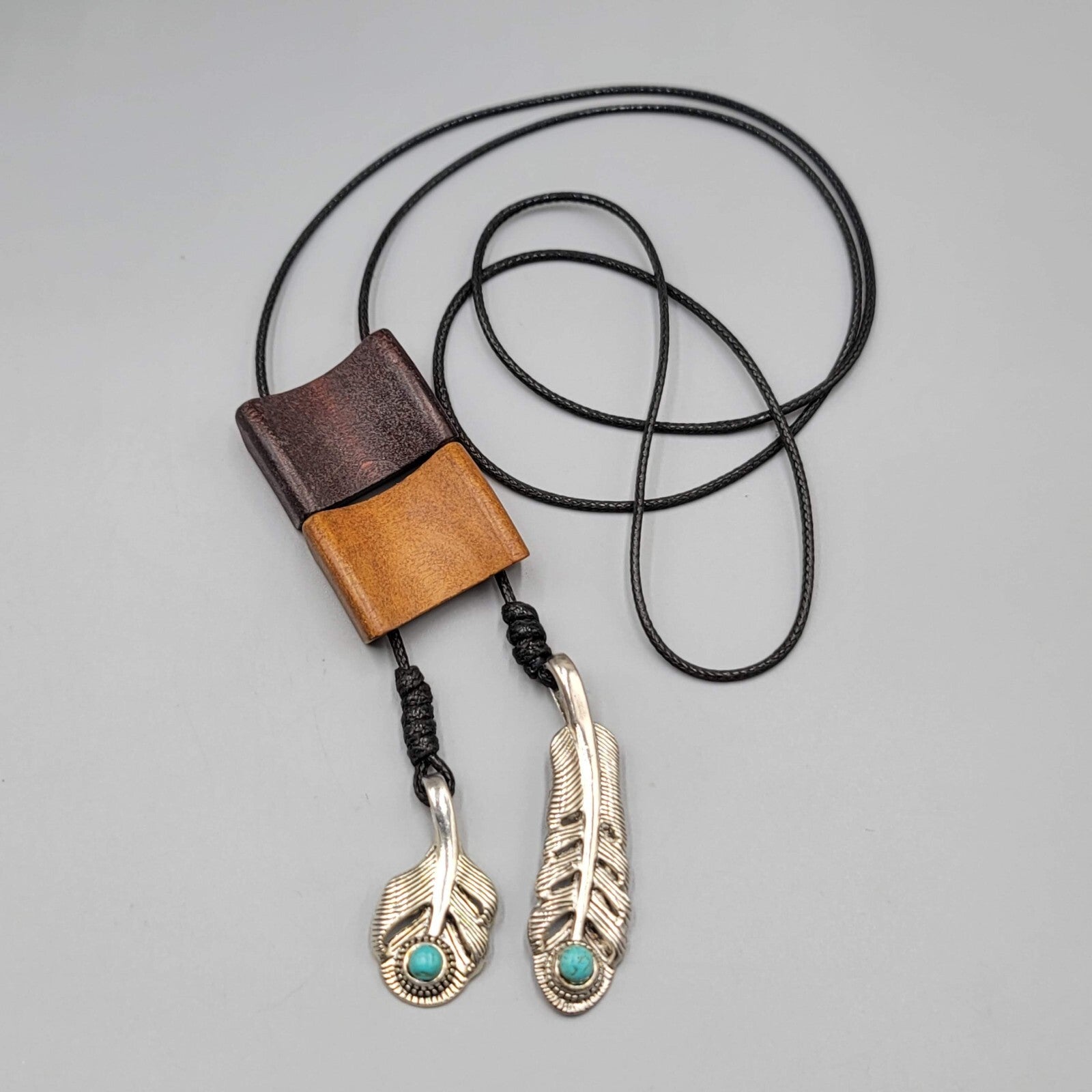 Bolo Style Wood Pendant Necklace Silver tone Feather Charms 30"
