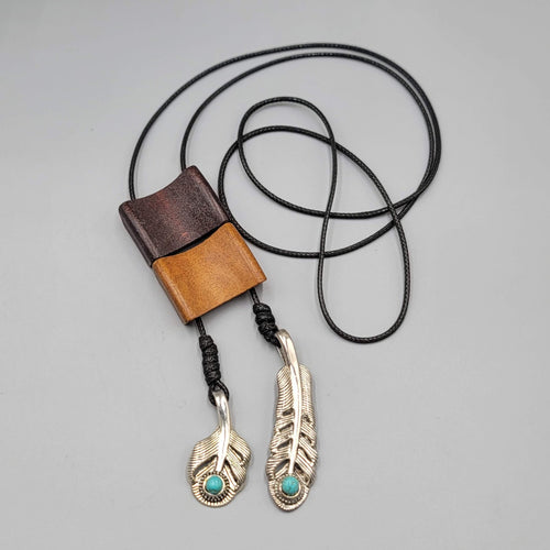Bolo Style Wood Pendant Necklace Silver tone Feather Charms 30"