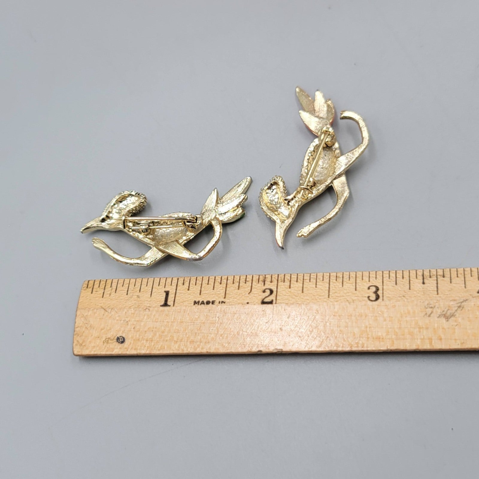 Vintage Roadrunner Brooch Original Box Orange Green Enamel Lot of 2 Gold tone