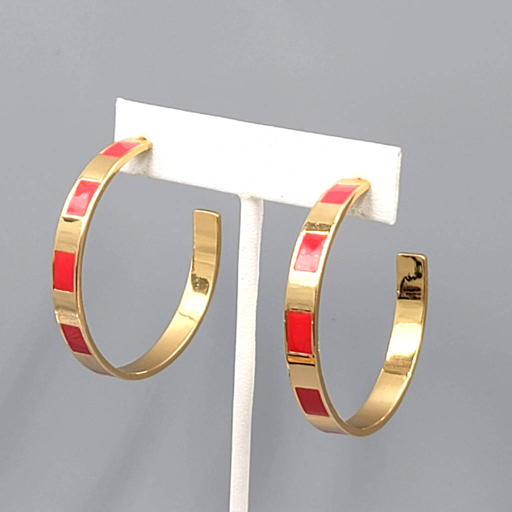 J Crew Hoop Pierced Earrings Red Enamel Gold tone 1.75"