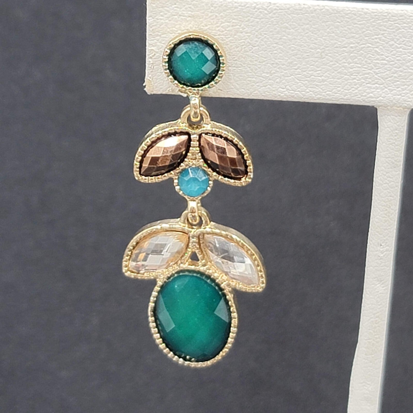 Pierced Earrings Gold tone Teal Green Faceted Acrylic Statement Drop 1 7/8"