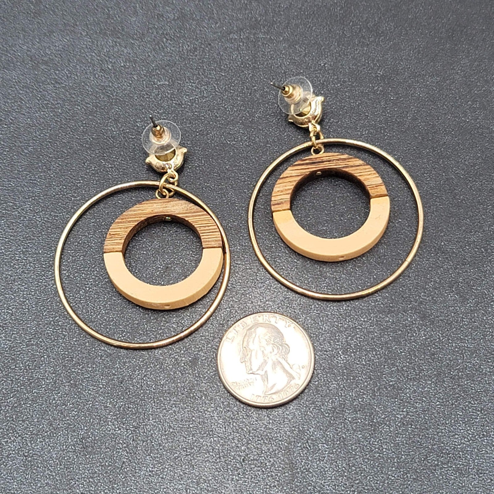Pierced Earrings Gold tone Wood Rhinestone Hoops Dangle 2 1/4"