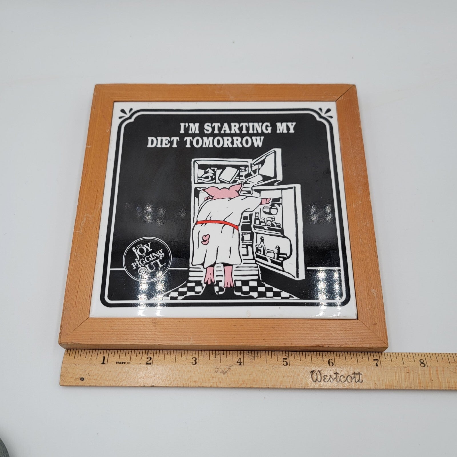 Vintage 1986 The Joy of Pigging Out Ceramic Tile Wall Trivet Diet Start Tomorrow