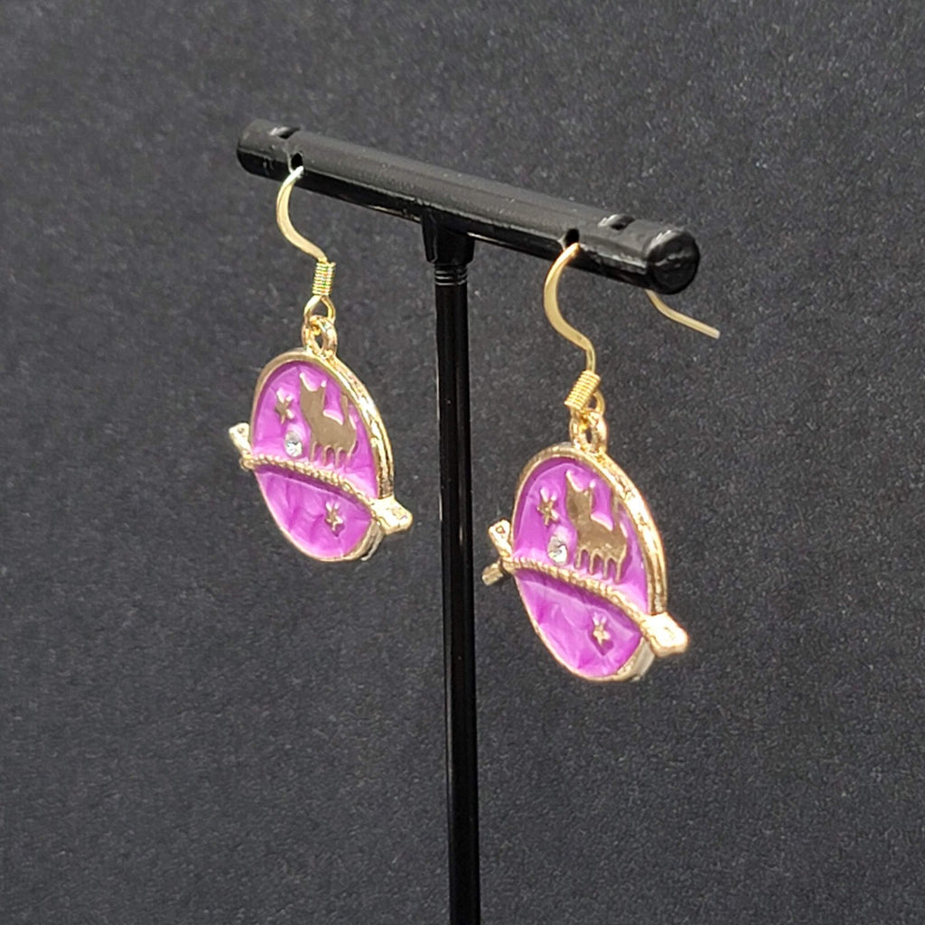 New Cat Pierced Earrings Gold tone Purple Enamel Moon Crystal Dangle 7/8"