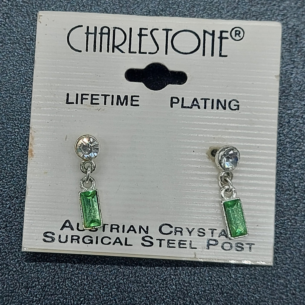 Charleston Pierced Earrings Austrian Green Crystal Silver tone Dangle 3/4"