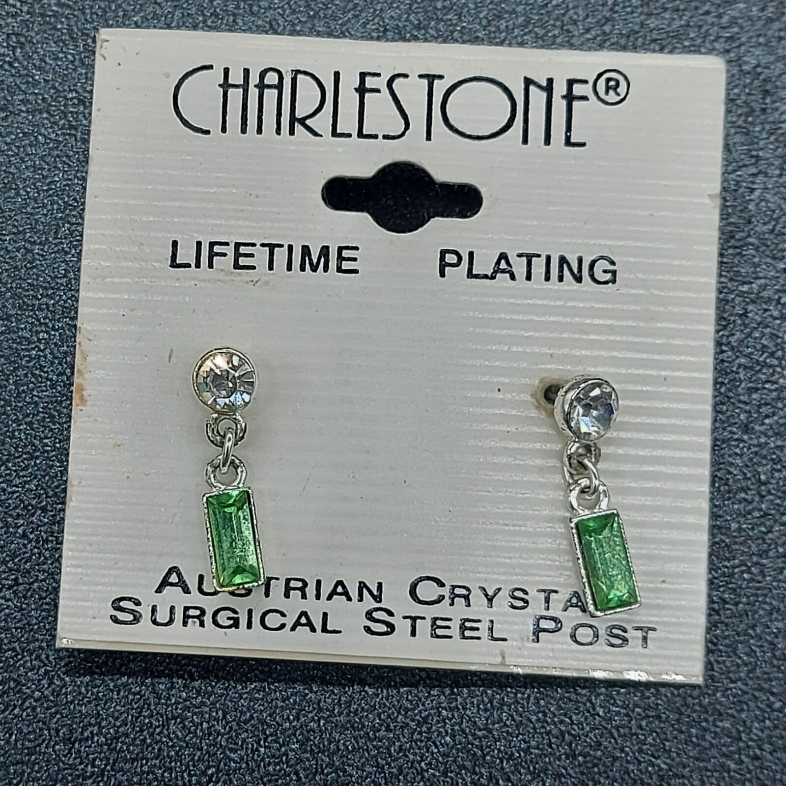 Charleston Pierced Earrings Austrian Green Crystal Silver tone Dangle 3/4"