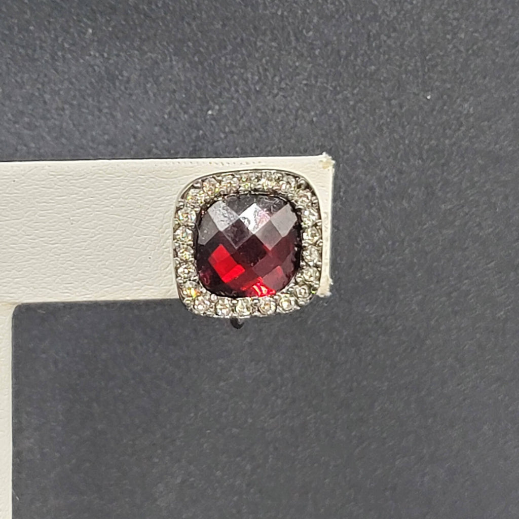 Clip on Earrings Black Metal Red Acrylic Clear Rhinestone Stud  1/2"