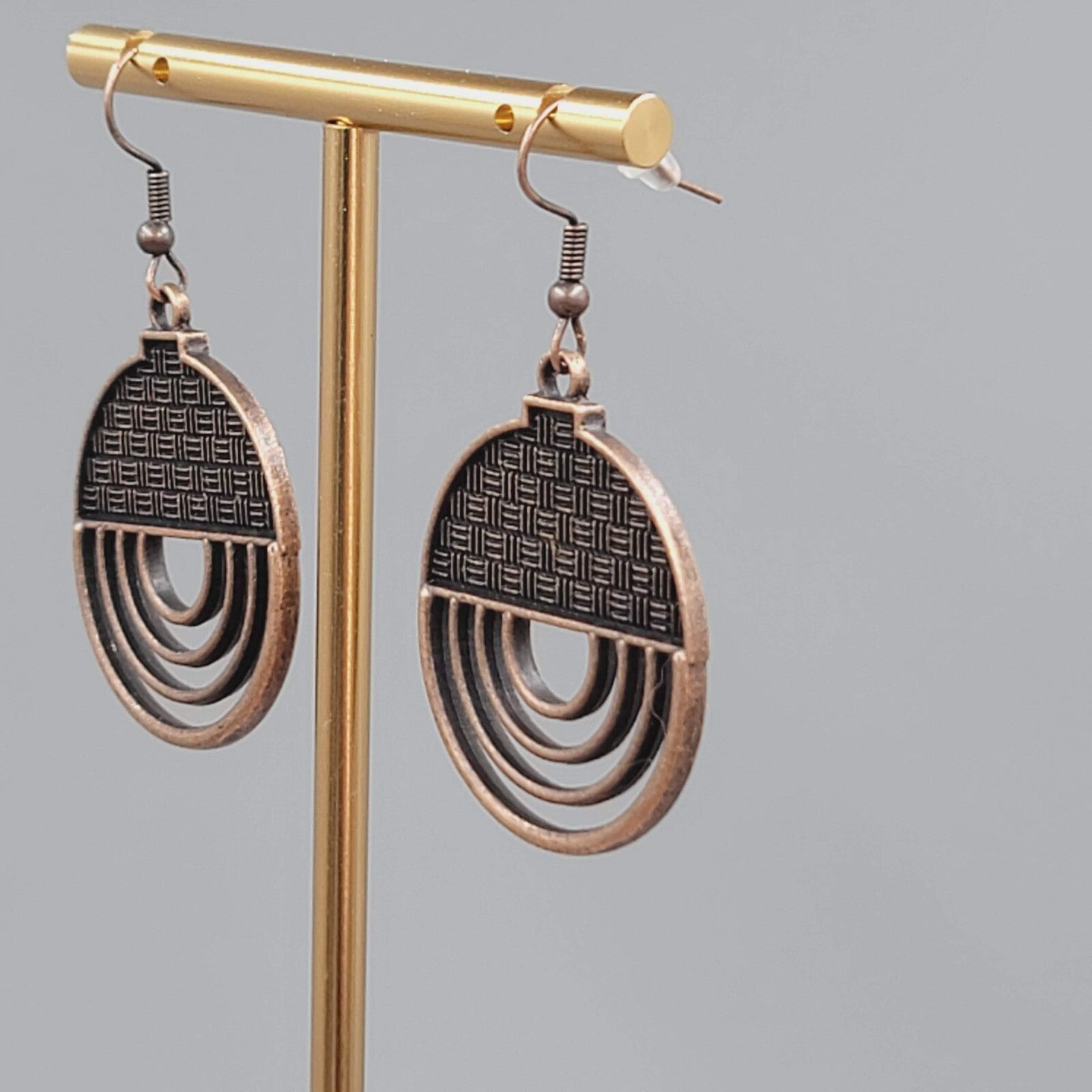 Bronze tone Dangle Pierced Earrings Textured Round Open Work Dangle 1 3/8"