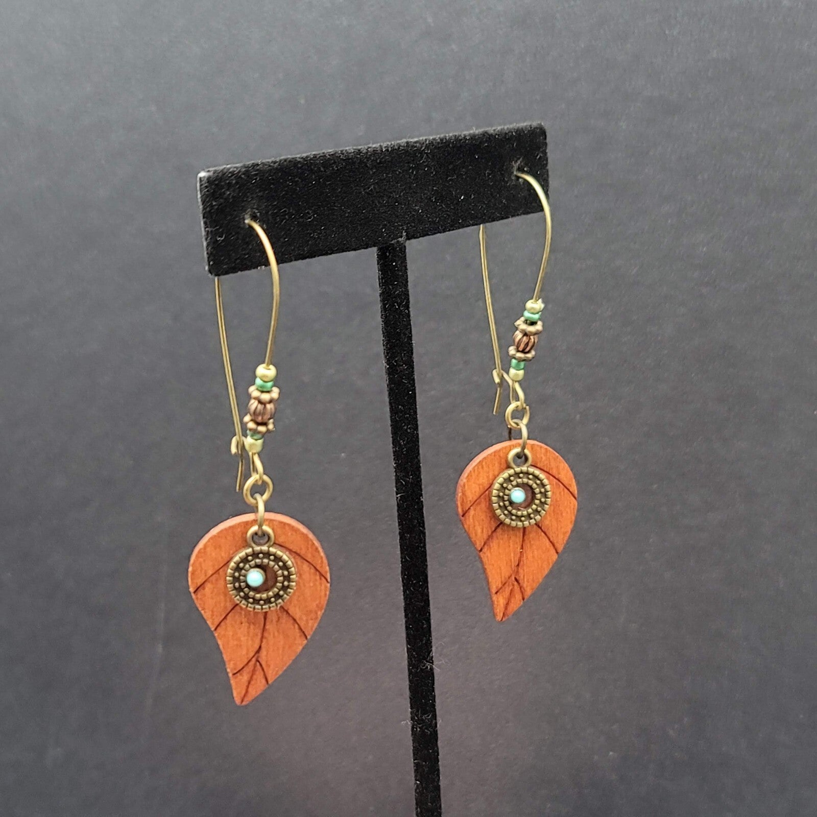 New Boho Pierced Earrings Gold tone Wood Leaf Beaded Dangle 2.75"