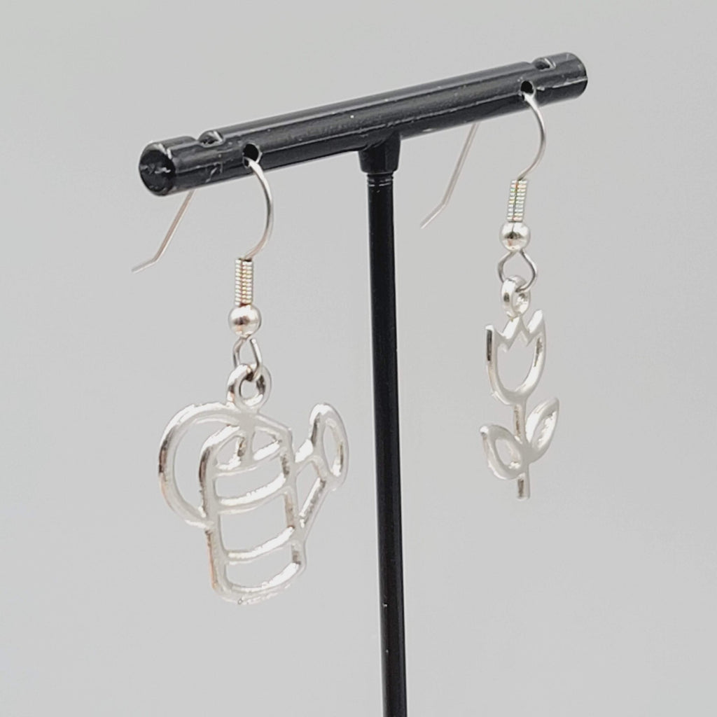 Gardener Pierced Earrings Garden Flower Watercan Silver tone Dangle 1"