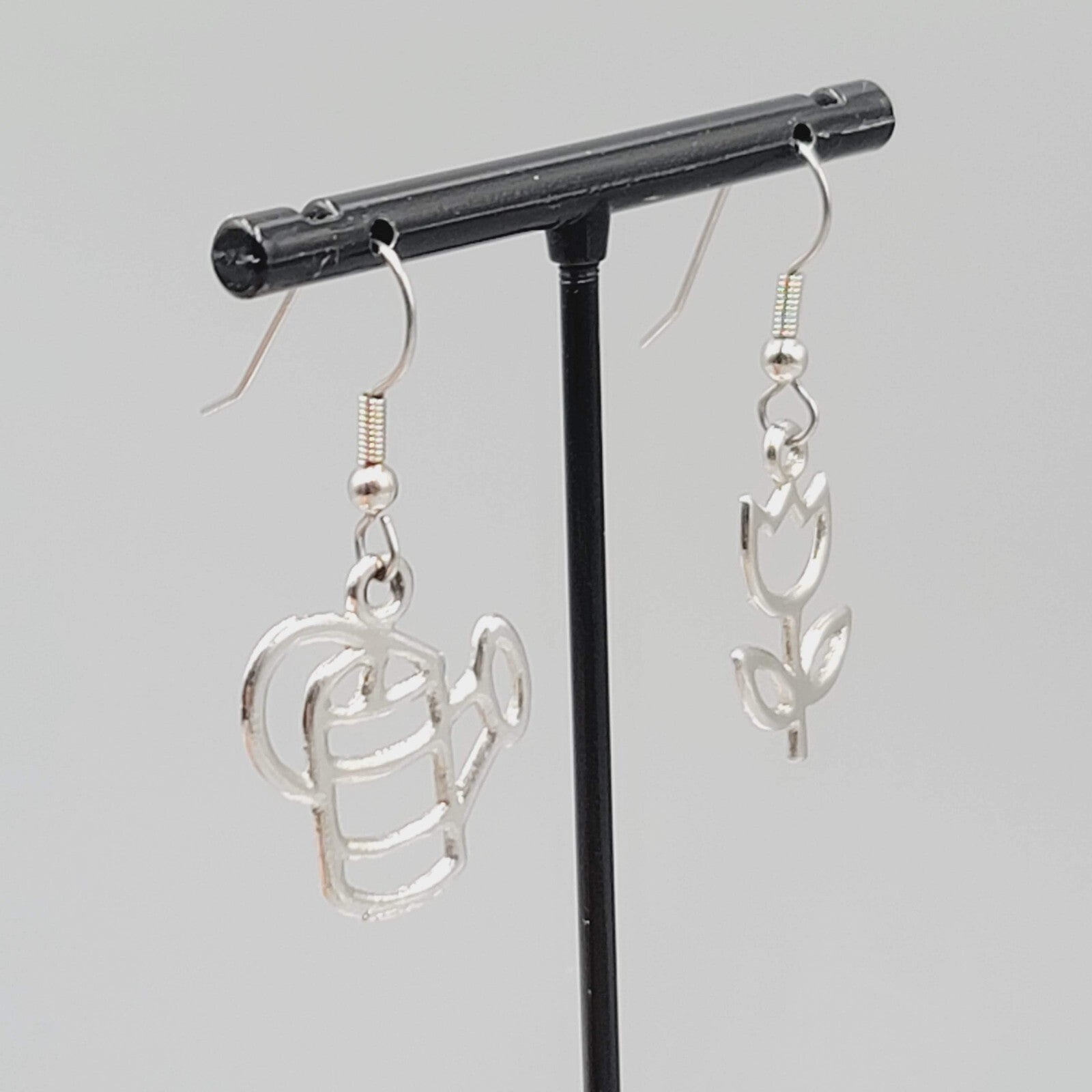 Gardener Pierced Earrings Garden Flower Watercan Silver tone Dangle 1"