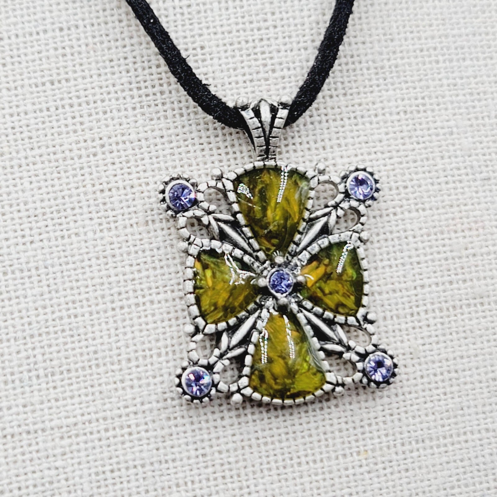 Lia Sophia Pendant Necklace Silver tone Crystal Suede Leather Cord 16"-19"