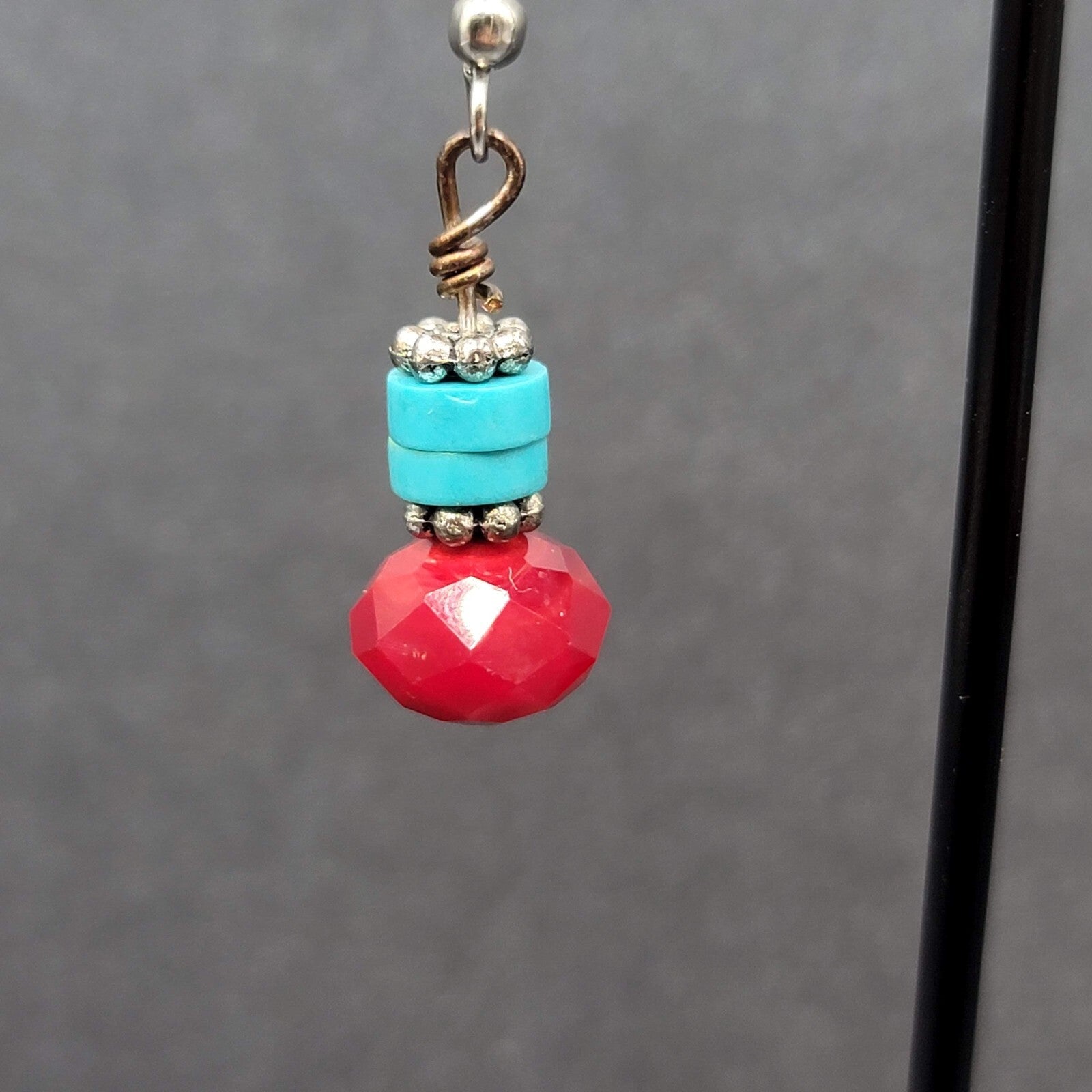 Pierced Earrings Silver tone Red Stone Turquoise Stone Beads Dangle  7/8"