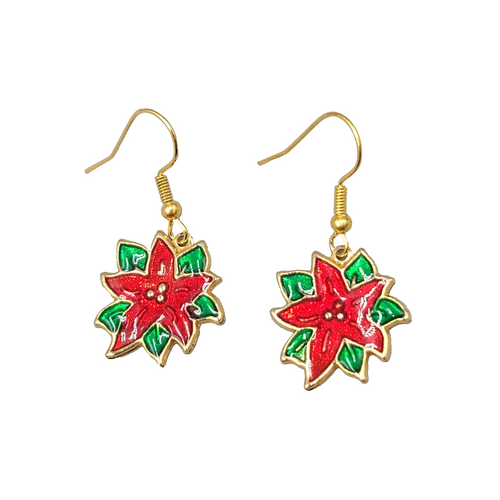Christmas Poinsettia Flower Pierced Earrings Enamel Gold tone Dangle 1"
